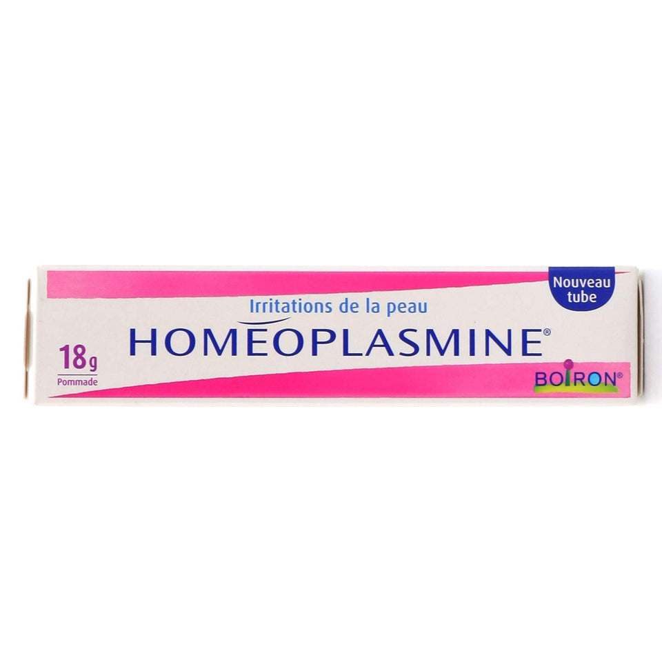 Homeoplasmine front tube showing original French packaging and compact travel size benefit