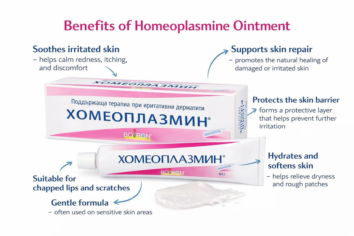 Homeoplasmine plastic tube cap detail highlighting hygienic squeeze dispensing benefit