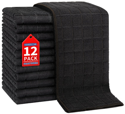 HOMERHYME front pack of 12 black salon towels showing value and ready use