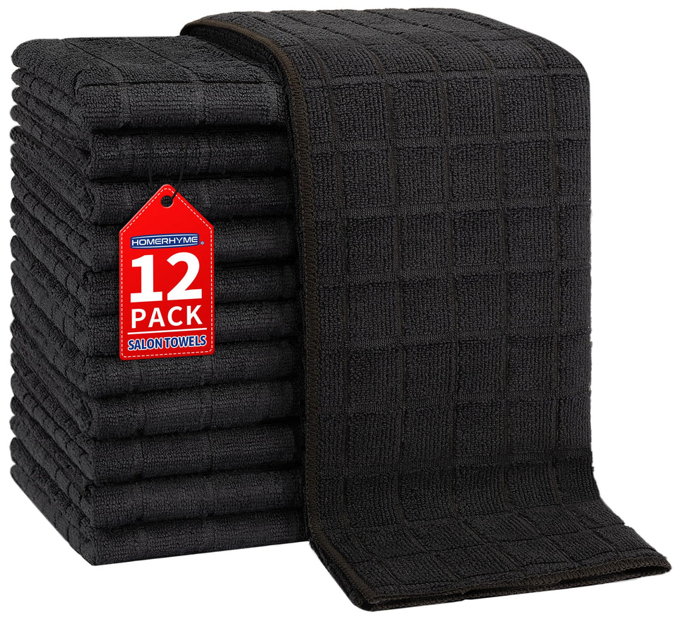 HOMERHYME front pack of 12 black salon towels showing value and ready use