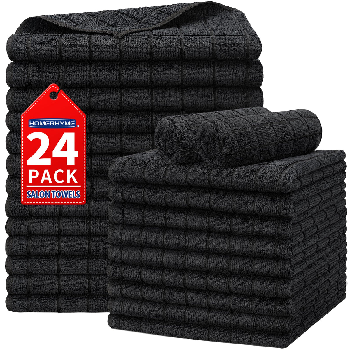 HOMERHYME front packaging showing 24-pack black salon towels and benefits