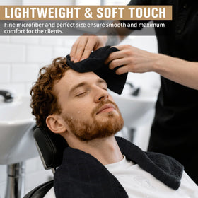 HOMERHYME towel on client's shoulders in salon demonstrating professional use
