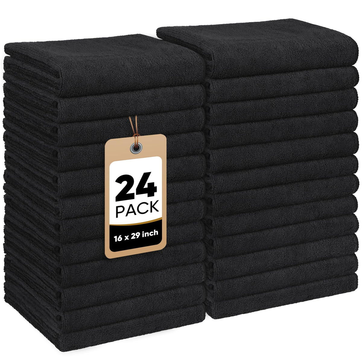 HOMEXCEL front packaging showing 24 black salon towels and bulk value