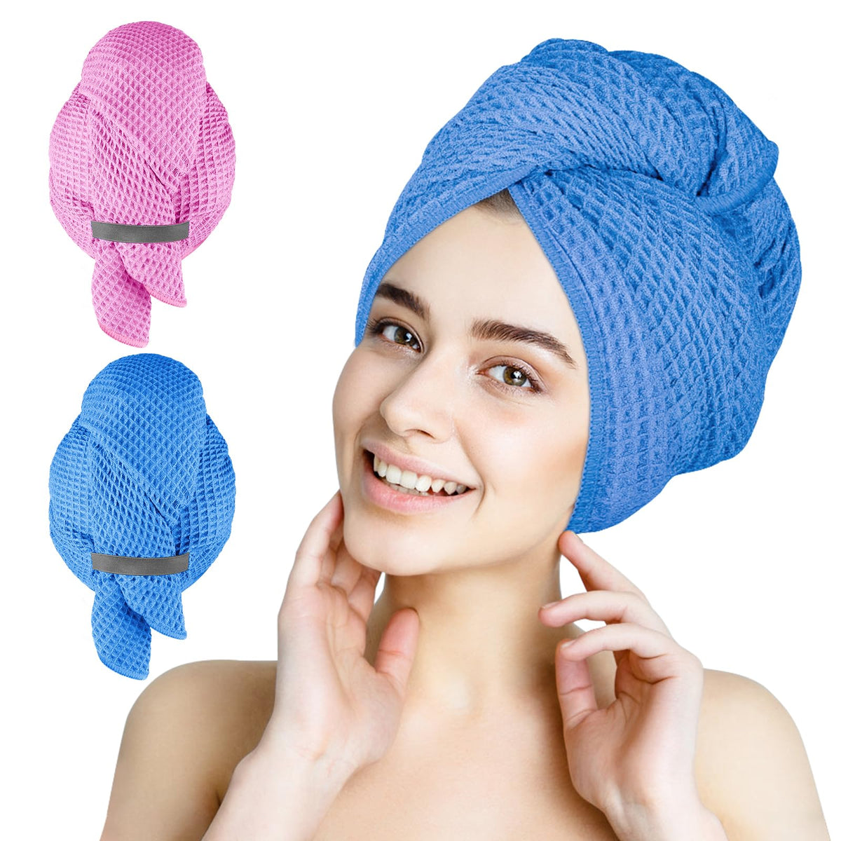 HOMEXCEL front view of blue and pink towel pair showing color contrast and packaging benefit