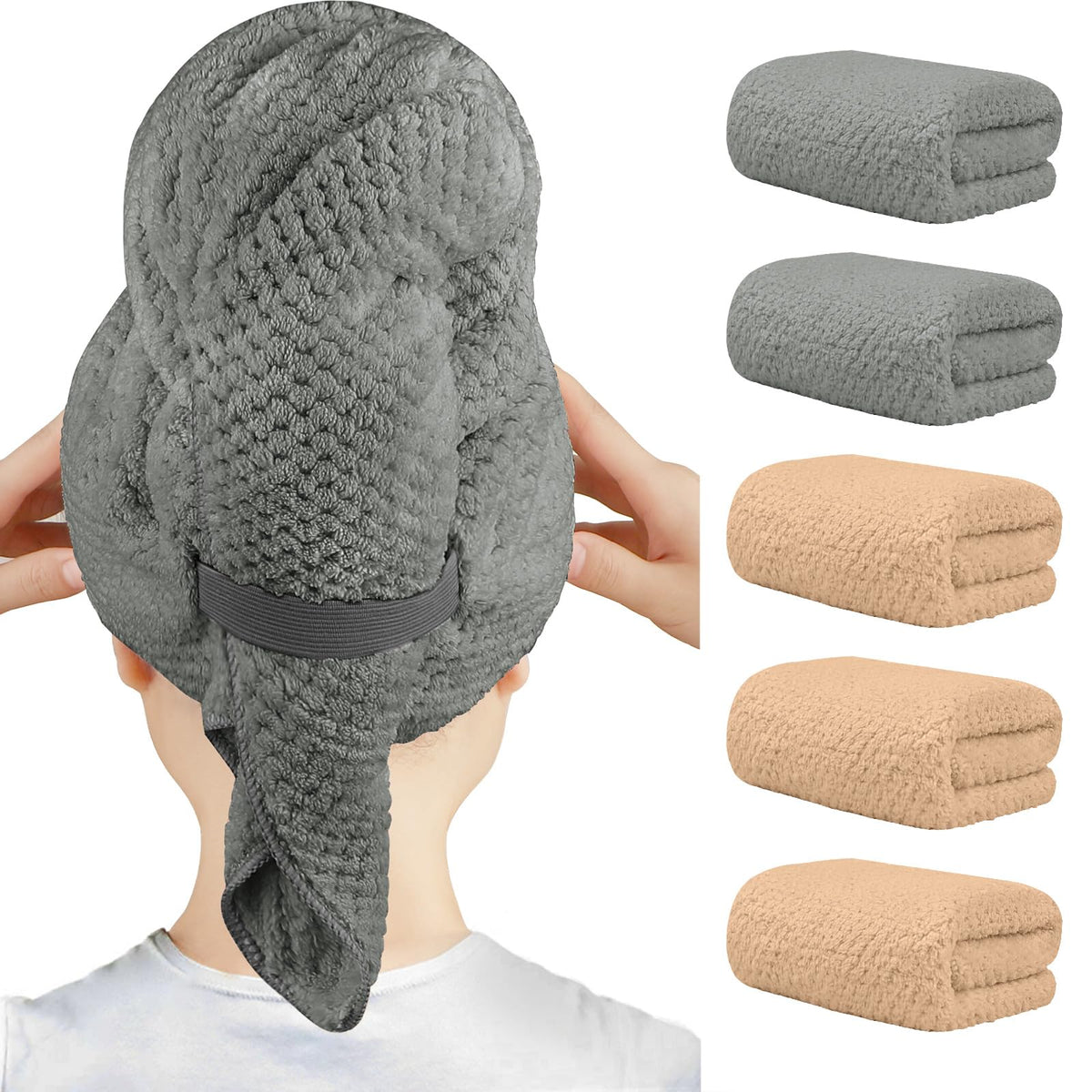 HOMEXCEL front view of five-pack brown and grey towels showing colors and packaging benefits