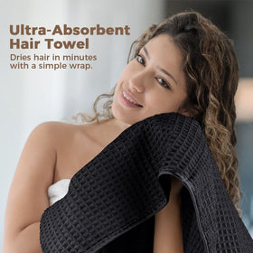 HOMEXCEL turban worn by model in bathroom showing hands-free drying benefit
