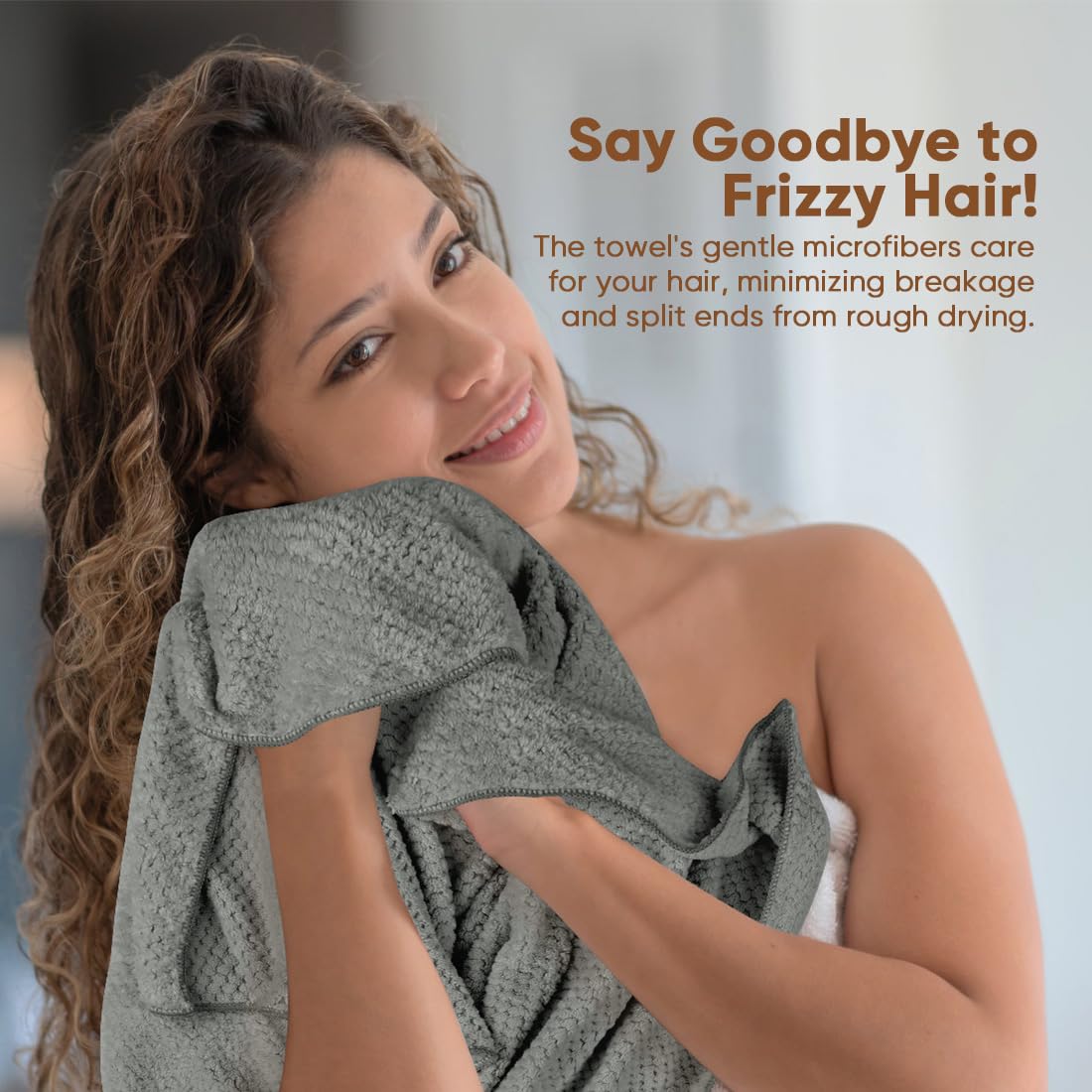 HOMEXCEL wrap worn on long curly hair demonstrating frizz control and secure fit