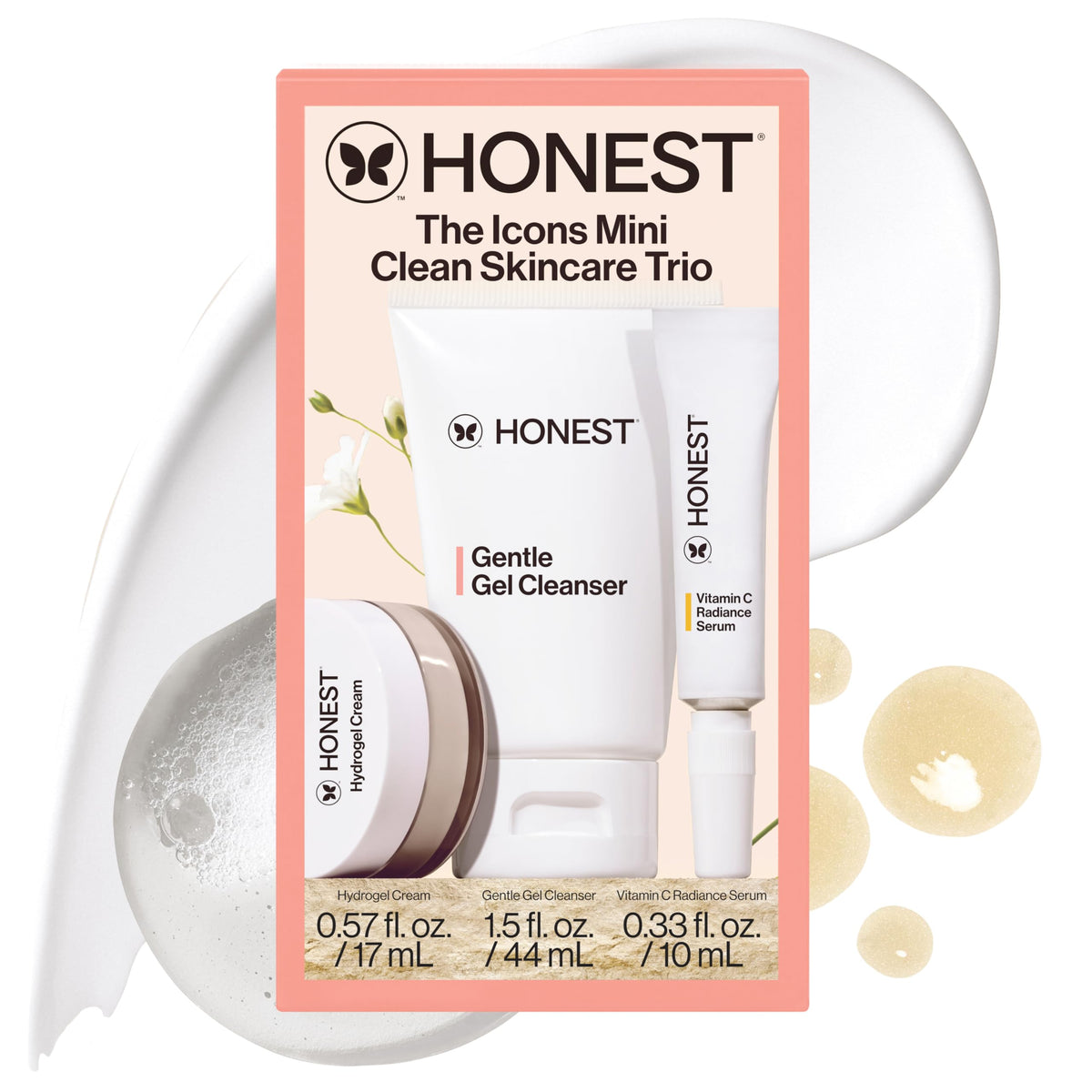 Honest Beauty front packaging showing the travel trio and easy travel benefit