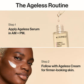 Honest Beauty model applying serum to neck showing smoothing benefit