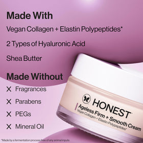 Honest Beauty cream held in hand showing 1.7 fl oz scale and travel-ready benefit