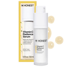 Honest Beauty bottle front view showing clean packaging and brightening benefit