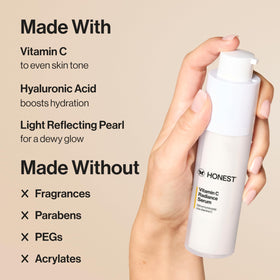 Close-up of Honest Beauty serum texture highlighting lightweight, glowy finish
