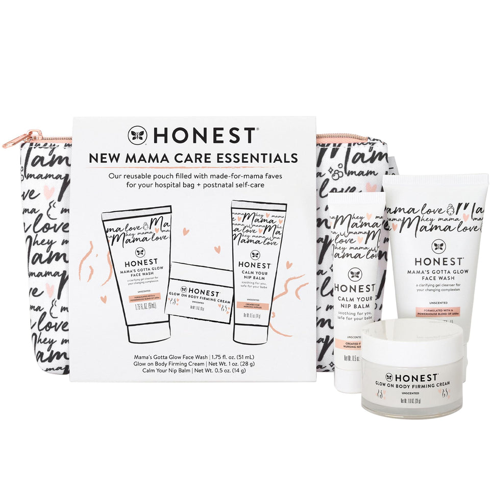 The Honest Company front view of the New Mama Care gift set showing pouch and minis for easy packing