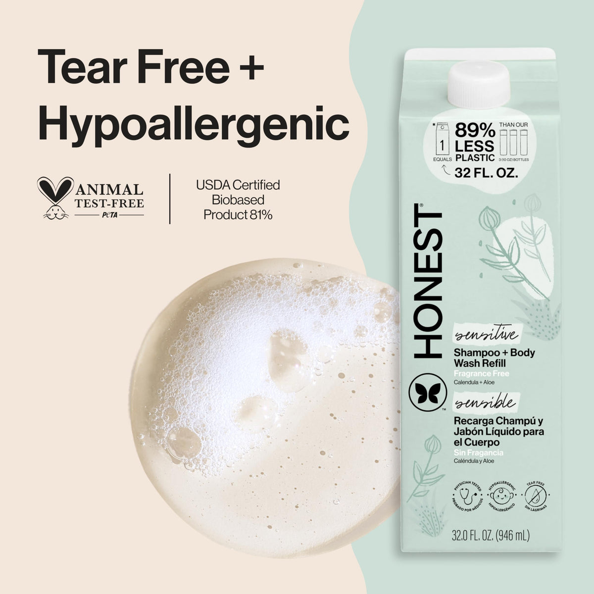The Honest Company pump bottle dispensing gentle lather for quick, efficient washes