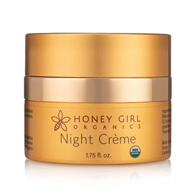 Honey Girl Organics jar front view showing label and organic night creme benefits