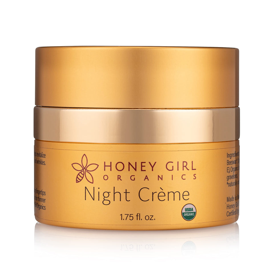 Honey Girl Organics jar front view showing label and organic night creme benefits