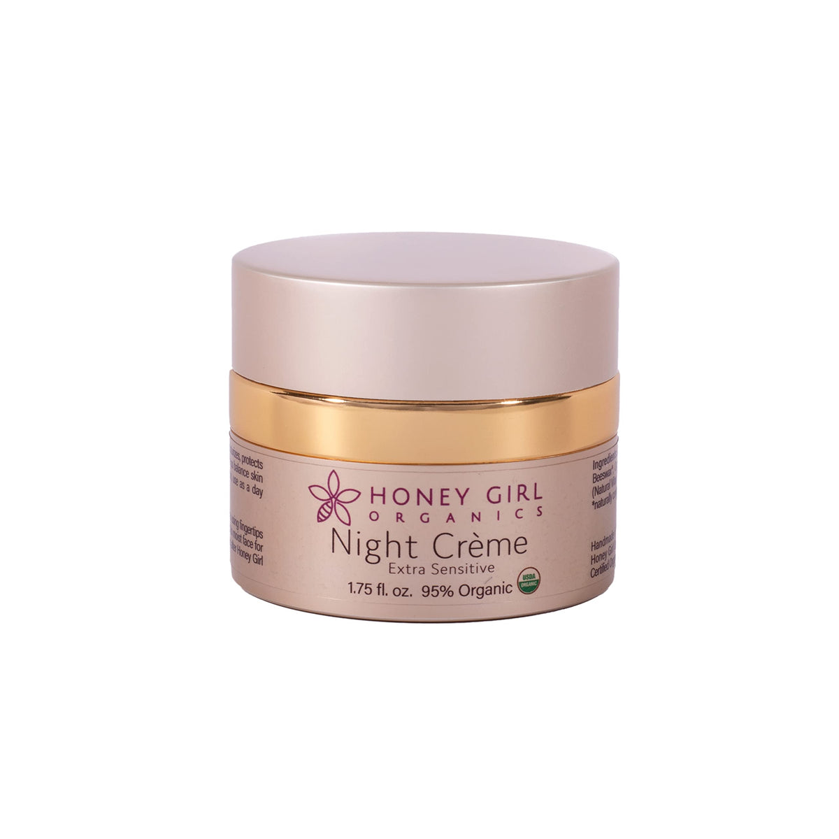 Honey Girl Organics night creme front jar showing soothing hydration benefit