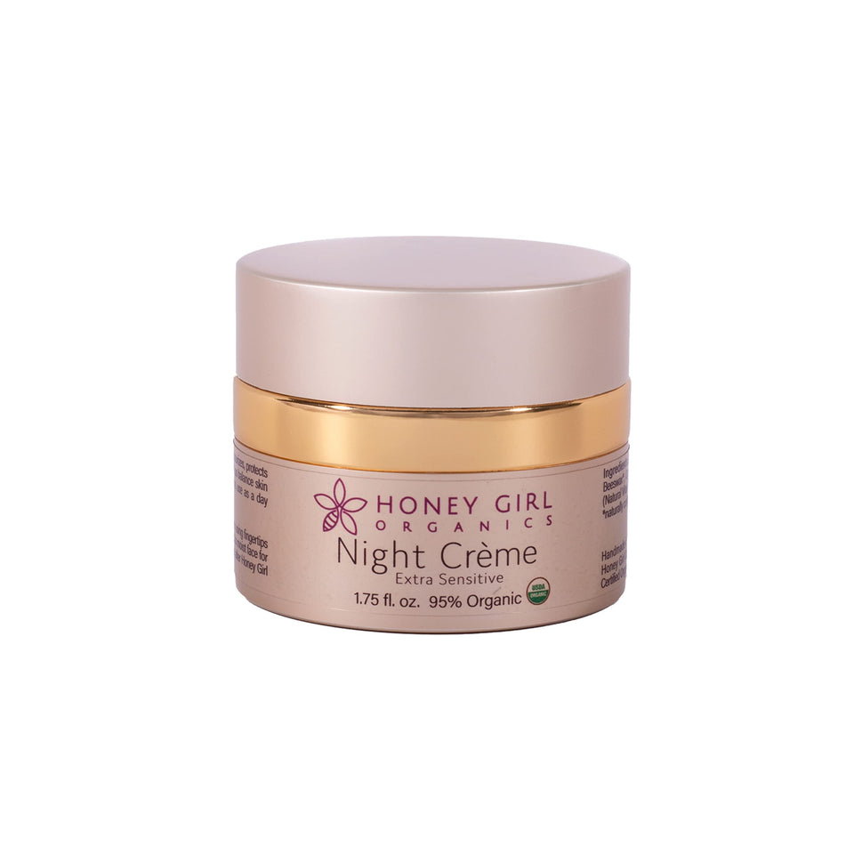Honey Girl Organics night creme front jar showing soothing hydration benefit