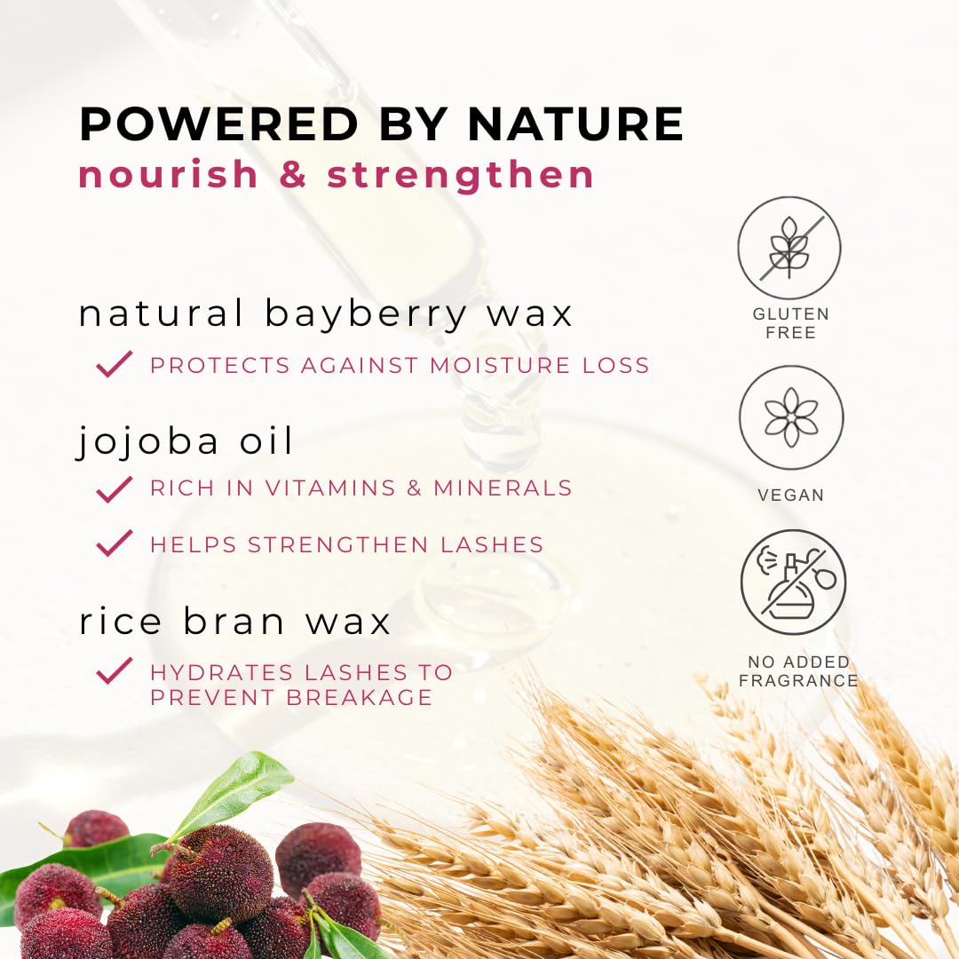 Honeybee Gardens label close-up listing botanicals for conditioning lashes benefit