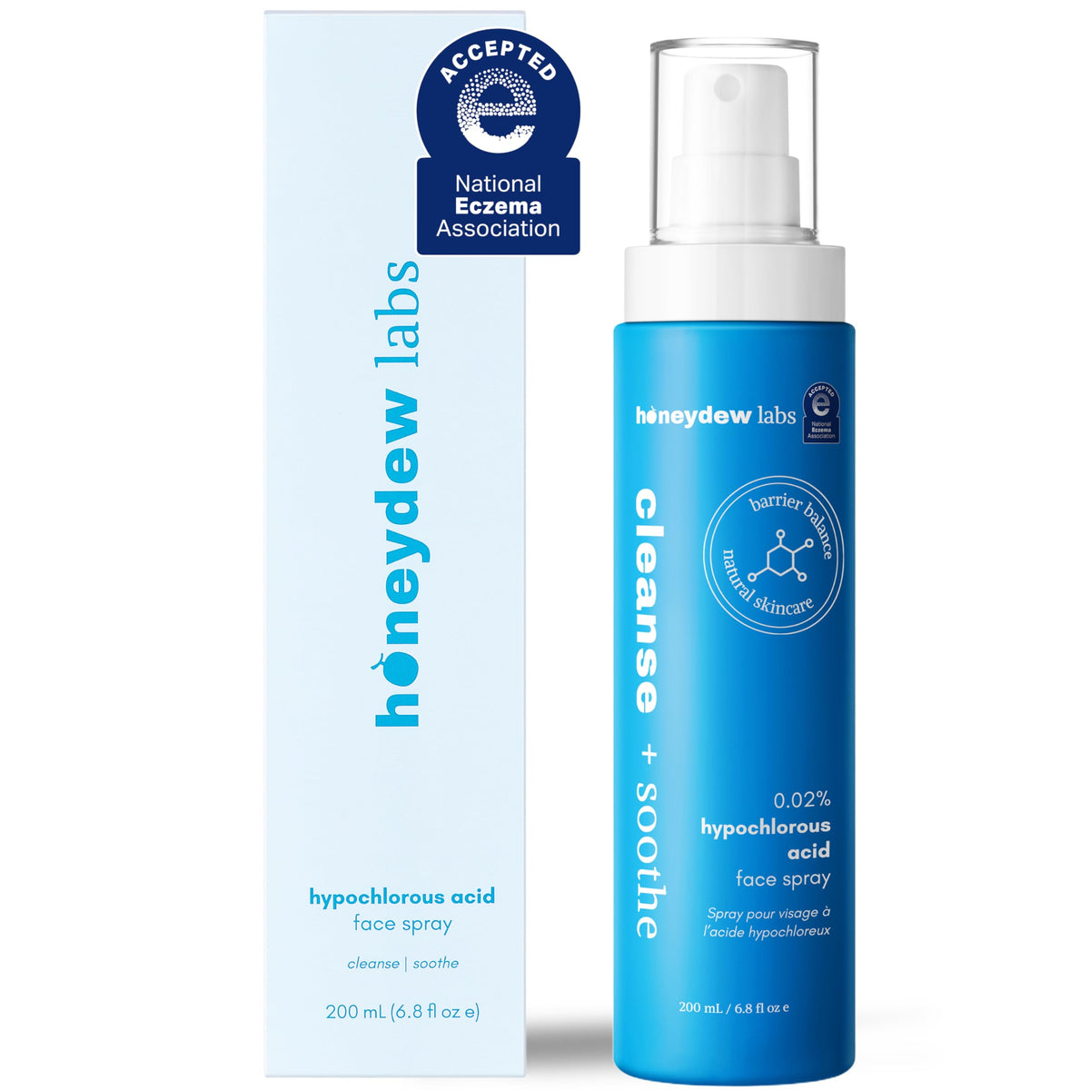 Honeydew Labs front bottle view showing clear HOCl spray and calming benefit