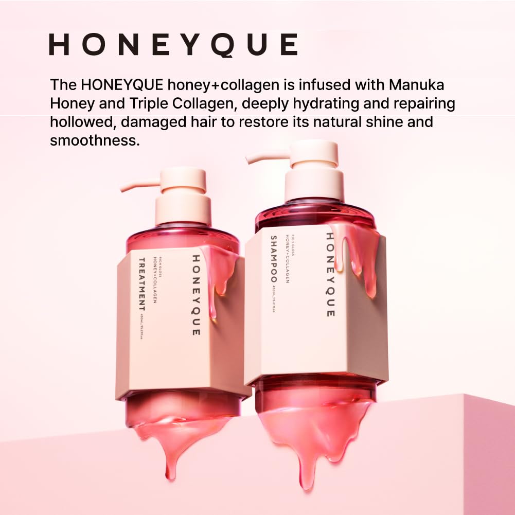 HONEYQUE bottle next to a hand for scale showing convenient 450ml size
