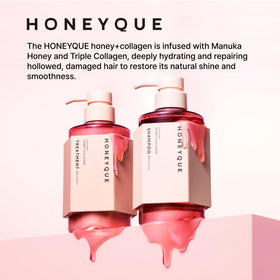 HONEYQUE bottle next to a hand for scale showing convenient 450ml size