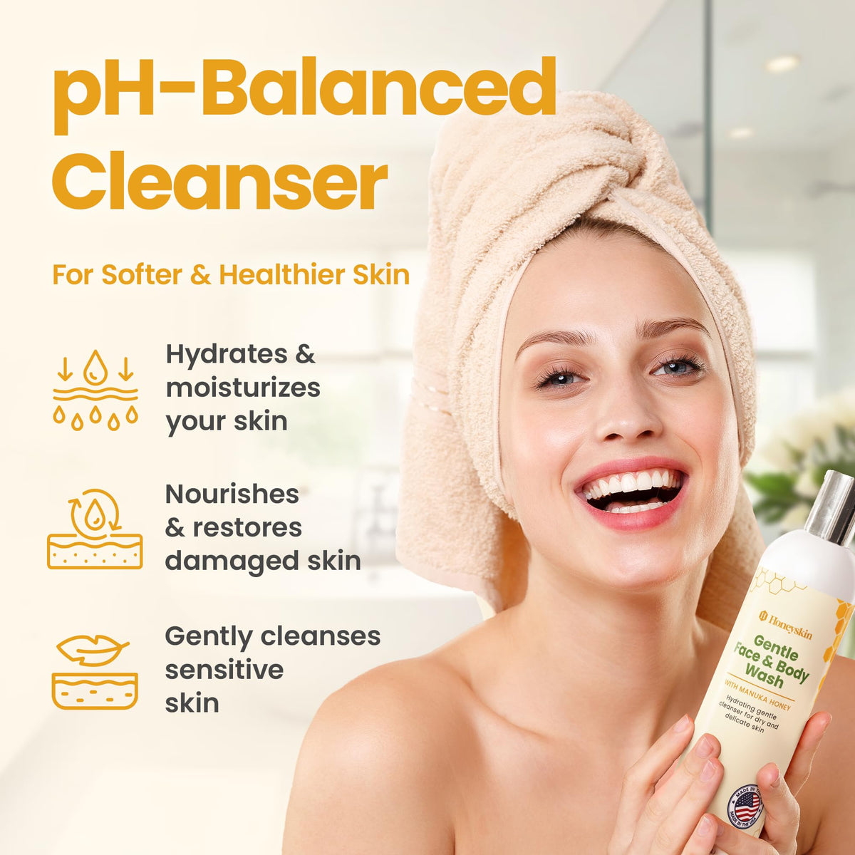 Honeyskin being applied in shower illustrating full-body use and soothing routine
