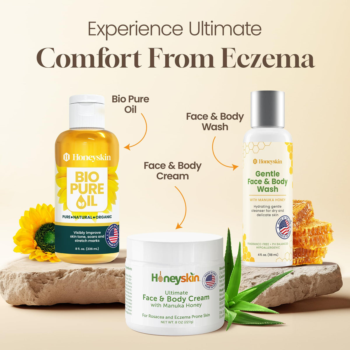 Honeyskin botanical ingredients laid out to show organic, calming components