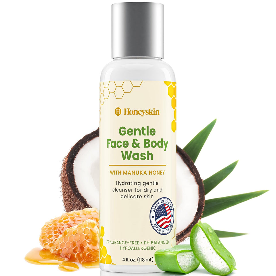 Honeyskin front packaging showing bottle and branding, conveys gentle hydration