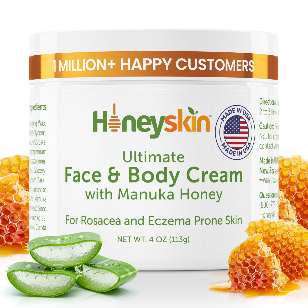 honeyskin front packaging showing 4oz jar and Manuka benefit
