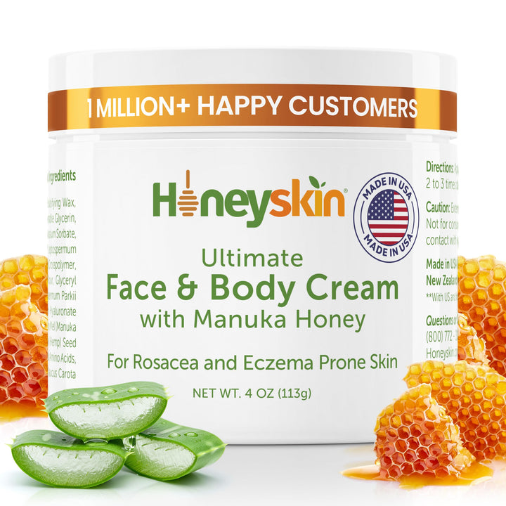 honeyskin front packaging showing 4oz jar and Manuka benefit