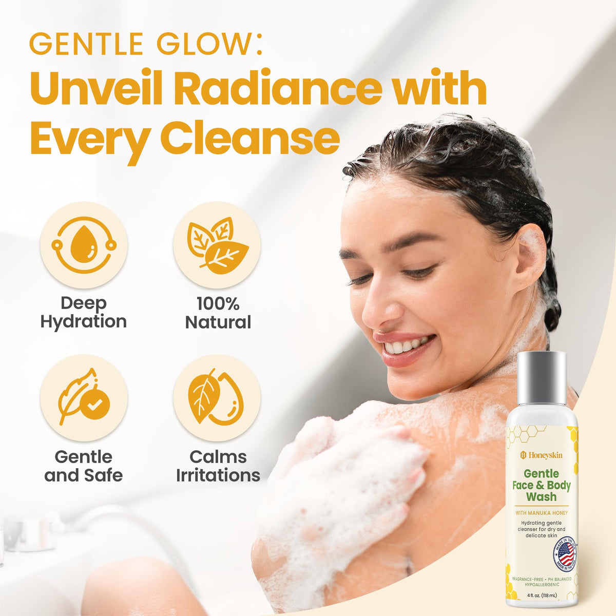 Honeyskin with Manuka honey jar and honey dipper, emphasizes moisturizing ingredient