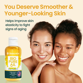 Honeyskin label close-up listing botanical ingredients and clean formulation