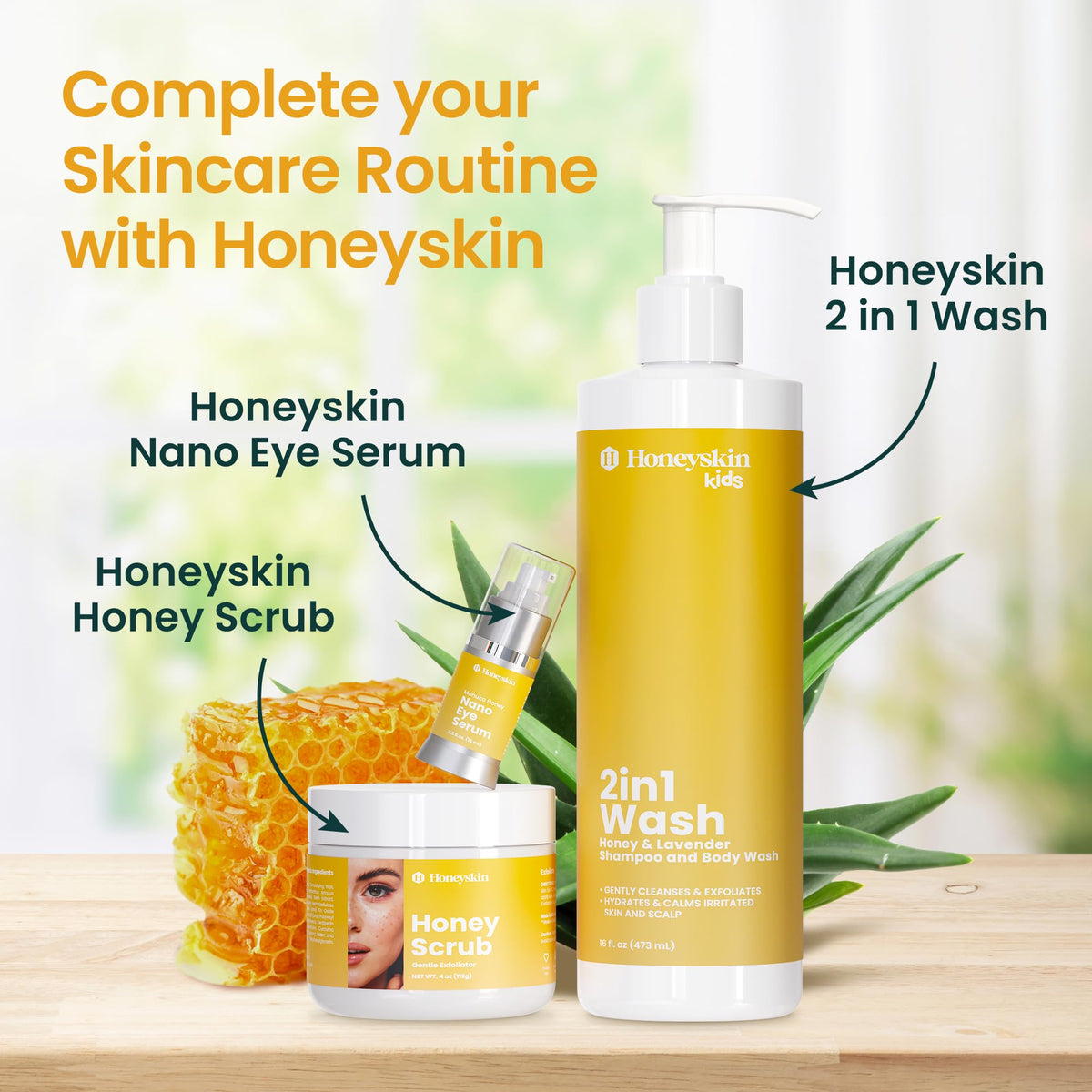 Honeyskin lifestyle shot on bathroom vanity conveying daily routine ease