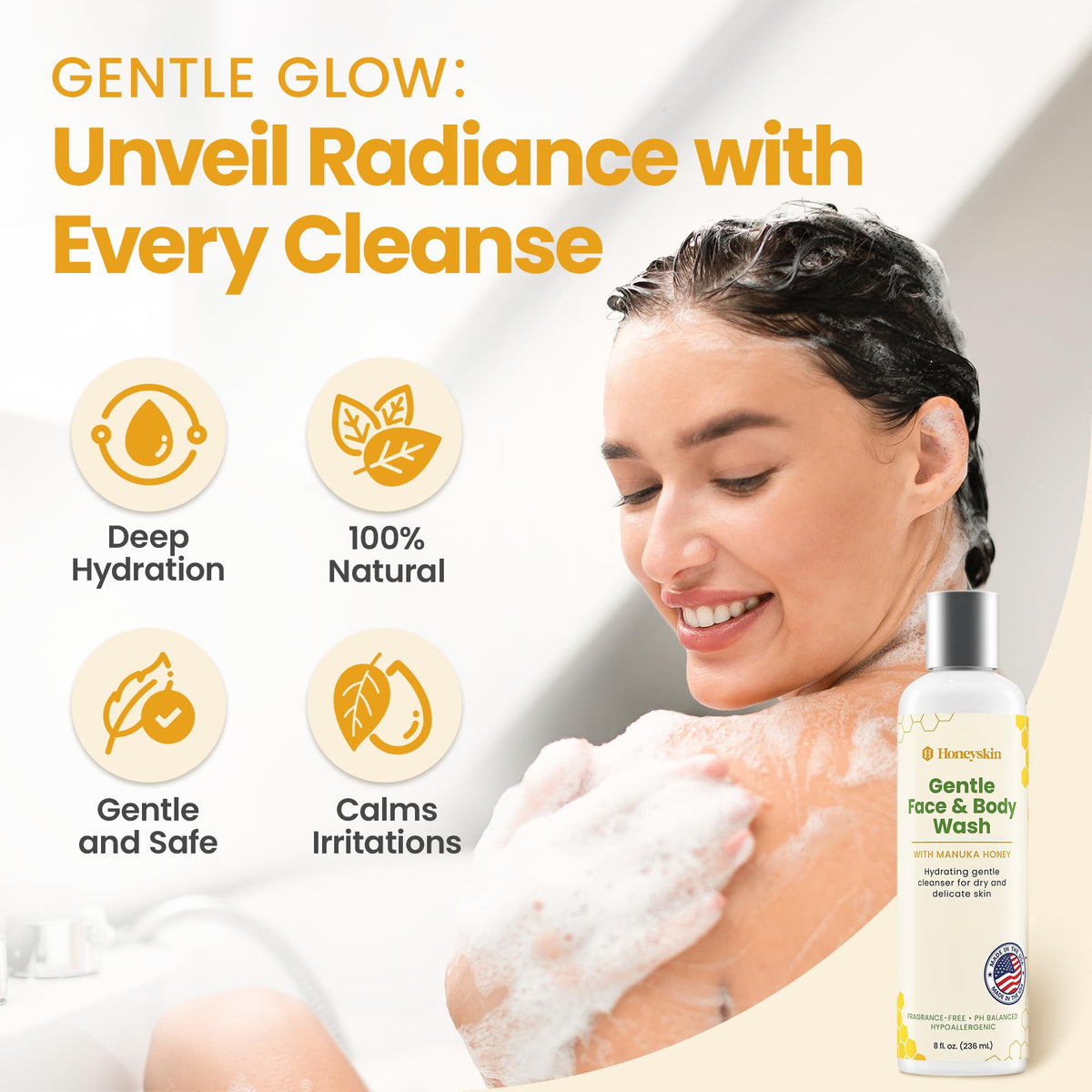 Honeyskin bottle with Manuka honey visual emphasizing natural hydration benefits