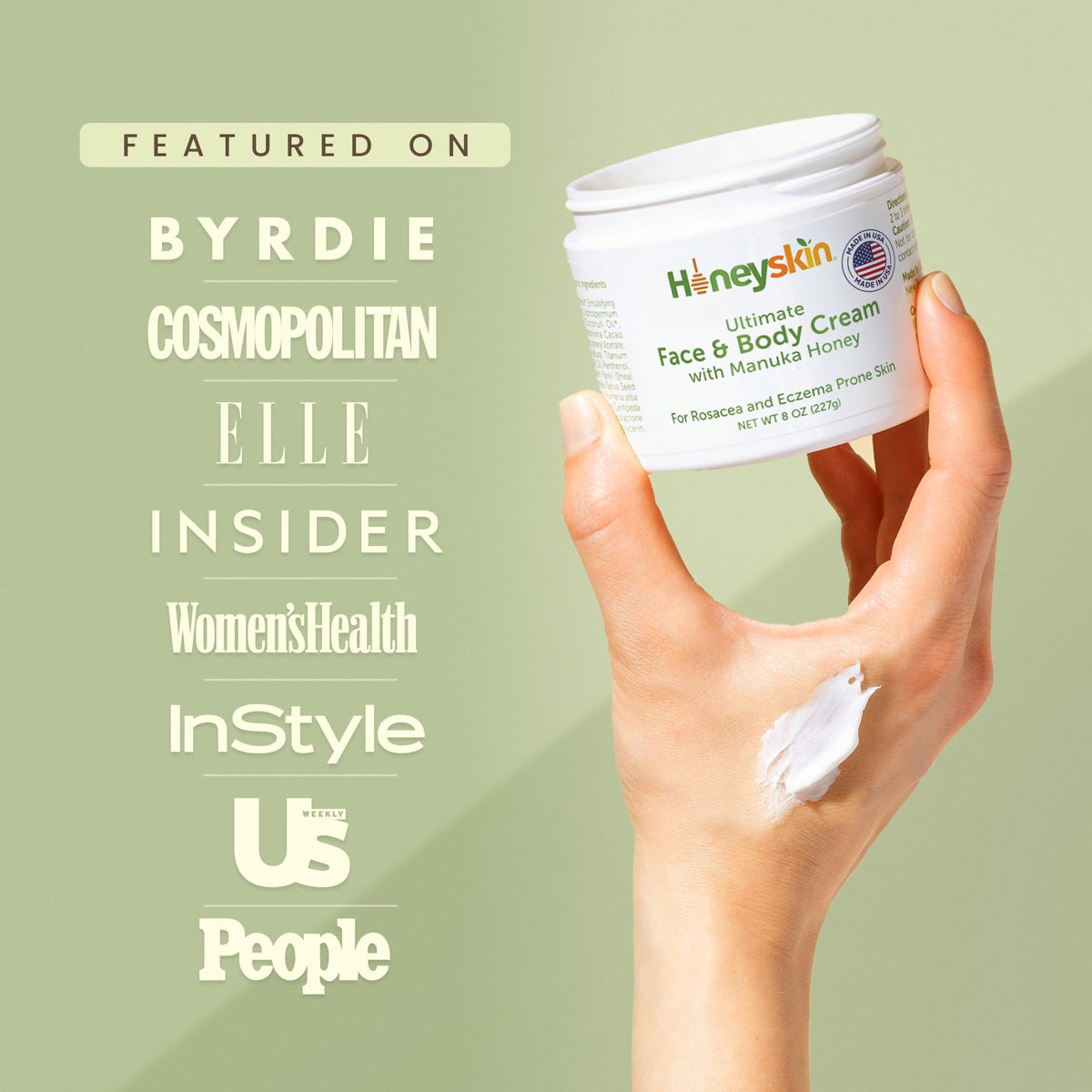 Honeyskin 8oz jar held in hands for scale and travel-friendly convenience