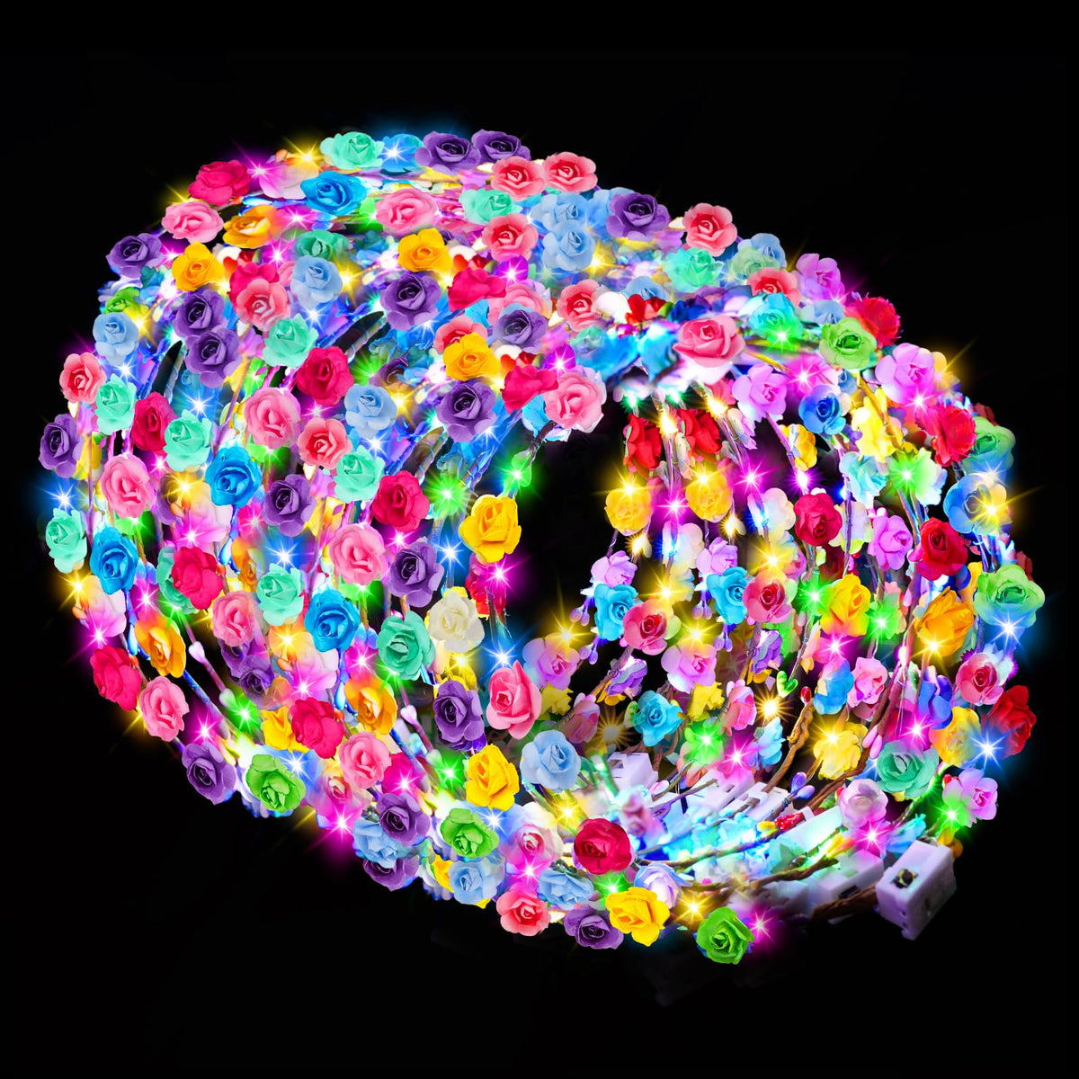 HONLYNE front packaging of 100 LED flower crowns showing bulk set and colorful blooms