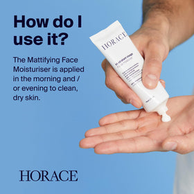 HORACE moisturizer applied on a man's hand, illustrating easy daily use benefit