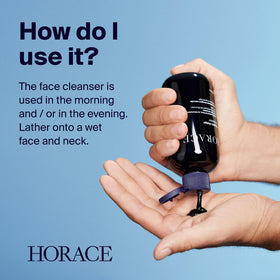 HORACE foaming gel in hand demonstrating mild lather and efficient oil removal