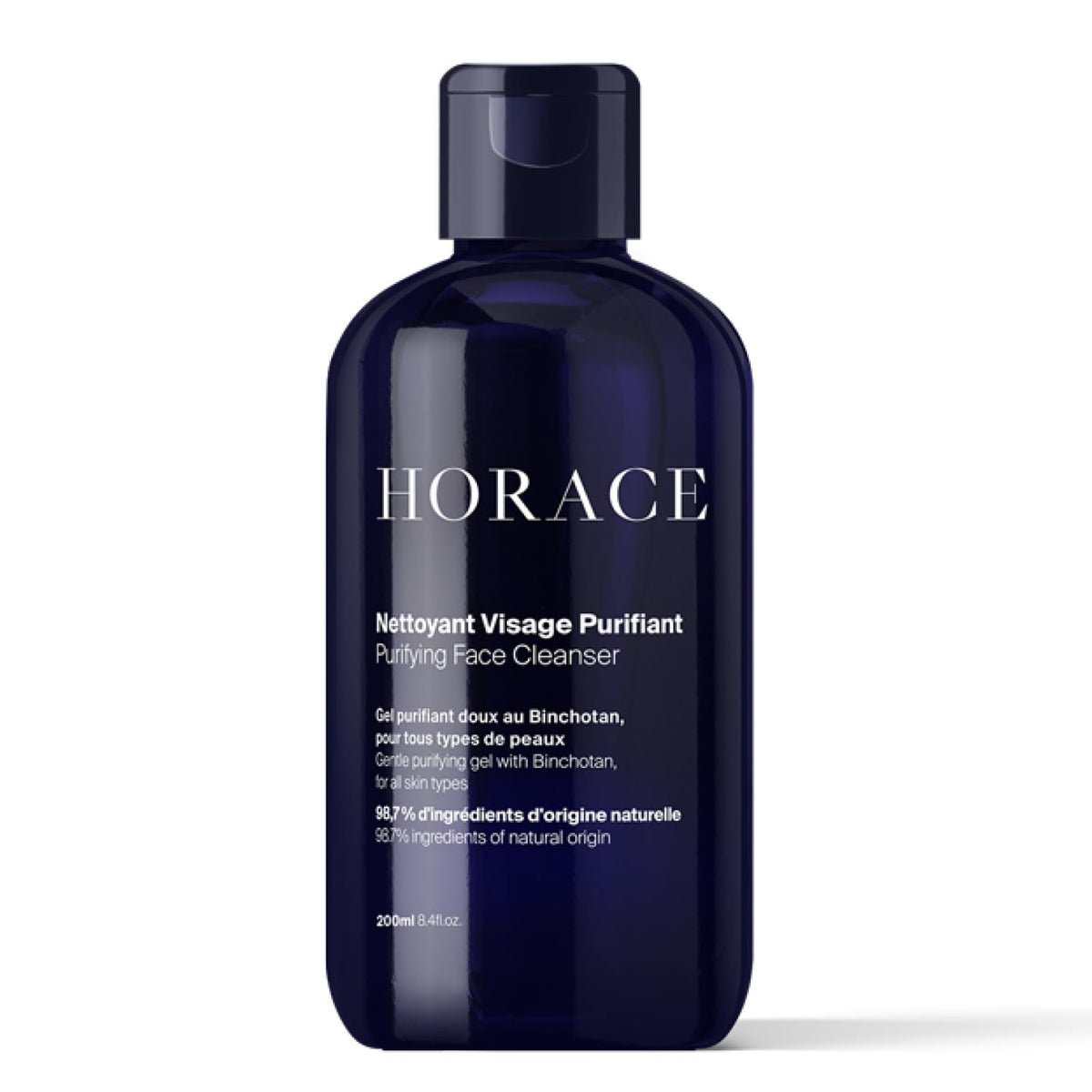 HORACE front bottle shot showing clean unscented packaging, promotes gentle purification