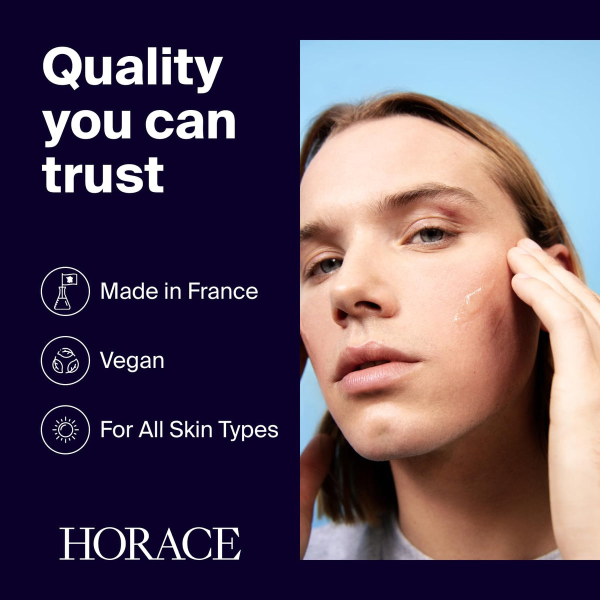 HORACE hand applying serum to face illustrating simple three-drop daily use