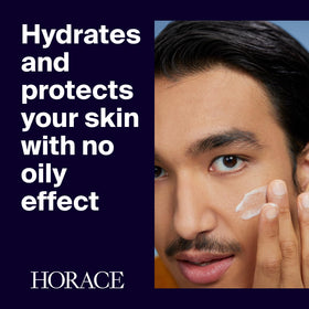 HORACE close-up of cream texture on fingers, demonstrating quick absorption benefit