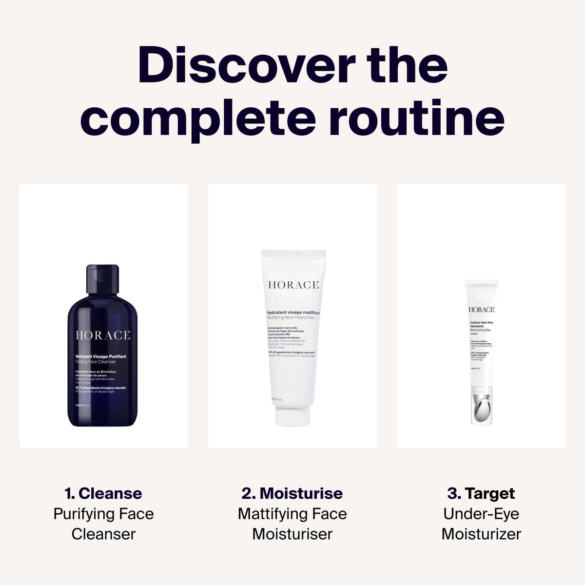 HORACE on bathroom counter with grooming items illustrating daily routine benefit