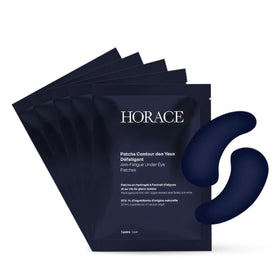 HORACE front packaging showing unscented anti-fatigue eye patches and benefits