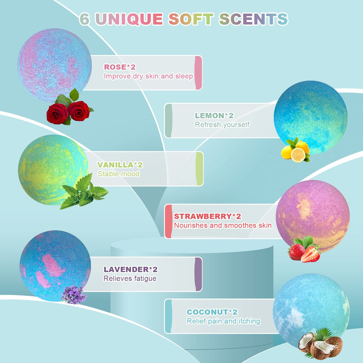 HOSPAN top-down array of 12 bombs in six scents illustrating variety and choice