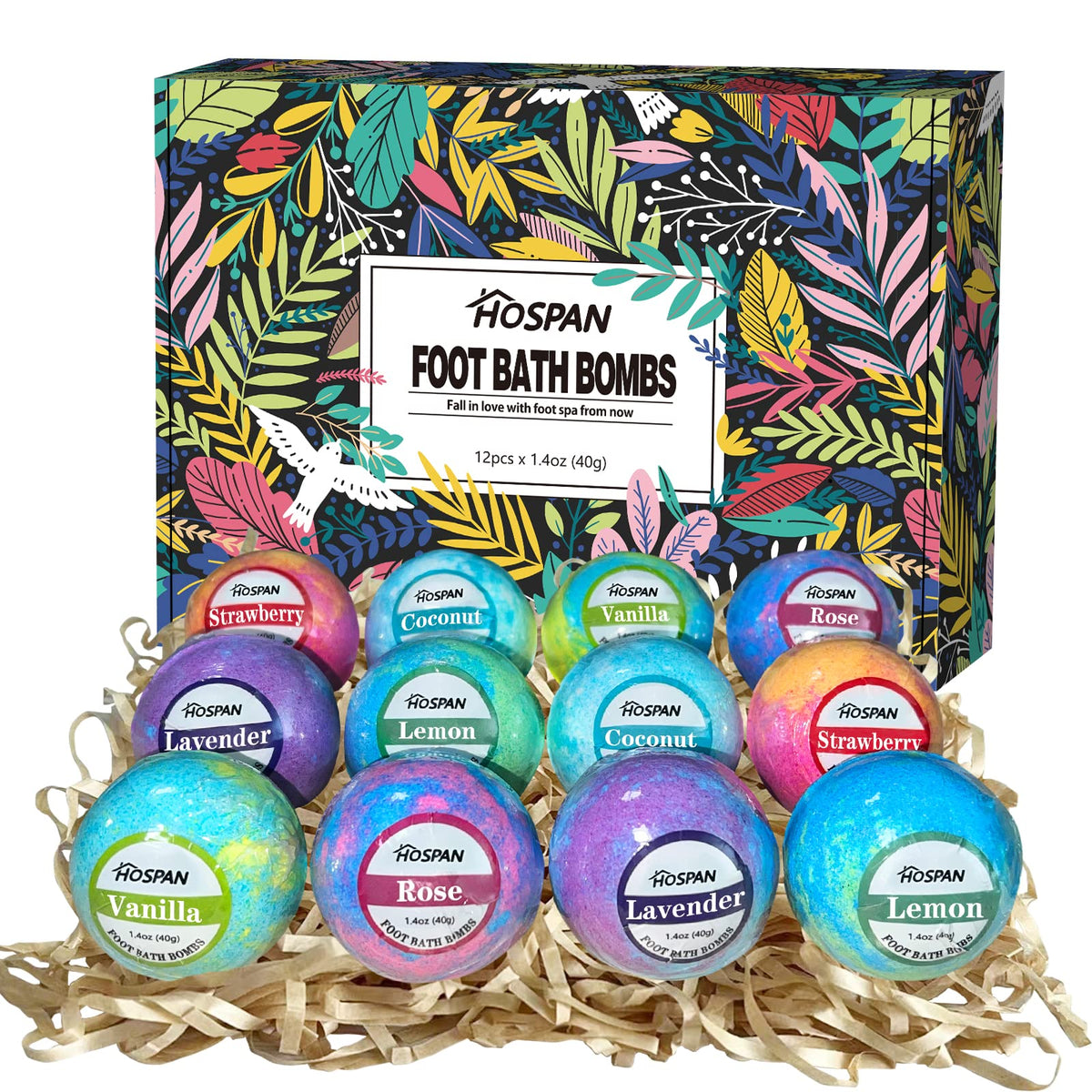 HOSPAN front packaging showing 12 foot bath bombs and gift-ready box benefit relaxation