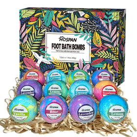 HOSPAN front packaging showing 12 foot bath bombs and gift-ready box benefit relaxation