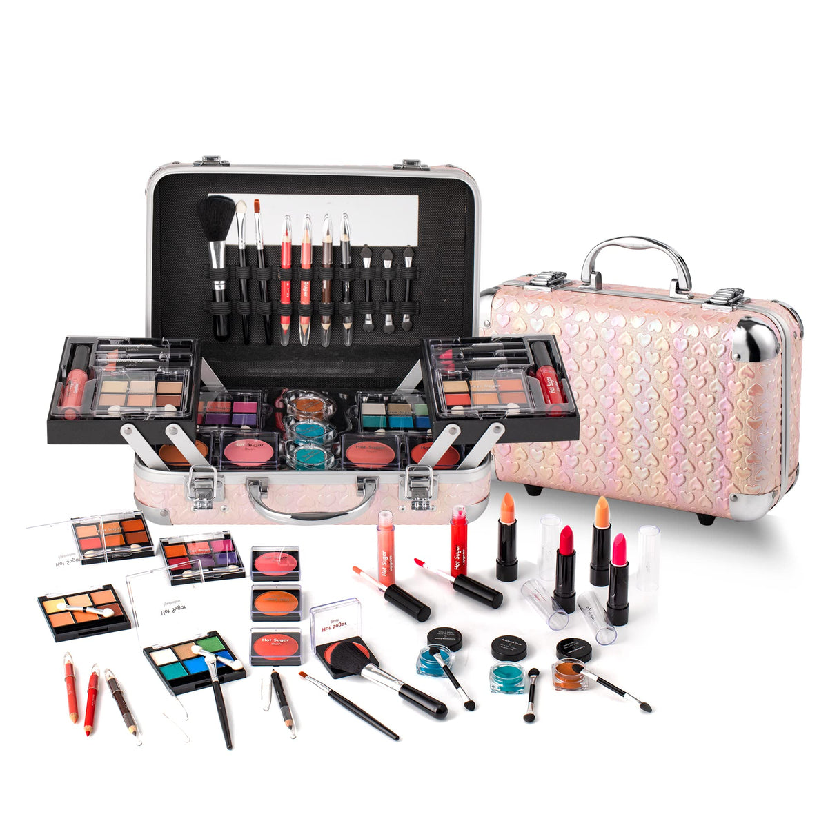 Hot Sugar open train case showing full kit and mirror for organized travel