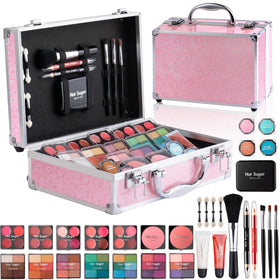 Hot Sugar front packaging Pink Love train-case showing durable aluminum edges and handle benefits organization