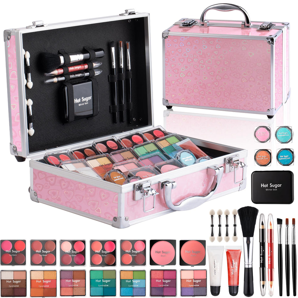 Hot Sugar front packaging Pink Love train-case showing durable aluminum edges and handle benefits organization
